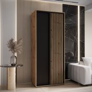 Armoire Mina en chêne/noir avec portes coulissantes, large de 1 mètre, tringles métalliques coulissantes, lamelles en plastique, grand espace de rangement, style moderne