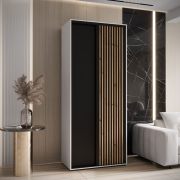 Armoire Mina d'1 mètre de large avec système coulissant, finition blanche/noire, style moderne, grand espace de rangement, lamelles en chêne Artisan, brosses anti-poussière