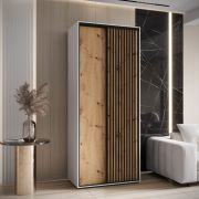 Armoire à portes coulissantes Tharo 120 cm | Blanc & chêne | Poignées métal noir | Grand espace de rangement | Pour salon ou chambre