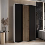 Armoire à portes coulissantes Tharo en noir/blanc, 235,2 x 150 x 45 cm, convient aussi pour le salon, anti-balais de poussière, poignées métalliques noires, gain de place