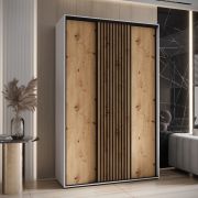 Armoire Mina avec portes coulissantes en blanc/chêne, anti-poussière, peu encombrante, beaucoup d'espace de rangement, 235,2 x 150 x 60 cm, matériau robuste