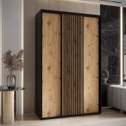 Armoire à portes coulissantes Mina de 1,5 mètre de large en noir/chêne, façade en panneau stratifié, brosses anti-poussière, poignées métalliques en noir, robuste