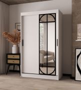 Armoire à portes coulissantes / Penderie à vêtements / Couleur : Blanc mat / 2 tringles / 5 compartiments / Porte miroir décorative / 120 x 62 x 200 cm / Détails modernes