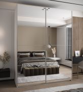 Penderie / Armoire à portes coulissantes / 11 compartiments / 245,5 x 190 x 64 cm / Miroir / 2 tringles à vêtements / 2 portes coulissantes / Soft-Close / Couleur : Blanc