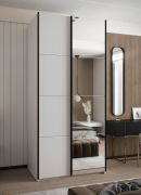 Penderie / Armoire à portes coulissantes / 6 compartiments / 2 tringles à vêtements / 2 portes coulissantes / 245,5 x 100 x 64 cm / Miroir / Soft-Close / Couleur : Blanc / Chants ABS