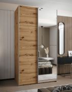 Armoire / Armoire à portes coulissantes | 2 tringles à vêtements | Miroir | 245,5 x 140 x 64 cm | Fermeture en douceur | 2 portes coulissantes | 6 compartiments | Couleur : chêne Artisan