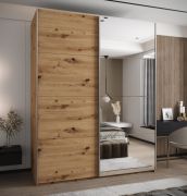 Armoire / Armoire à portes coulissantes | Couleur : chêne Artisan | Fermeture en douceur | Miroir | 2 portes coulissantes | 245,5 x 200 x 64 cm | 2 tringles à vêtements | 11 compartiments