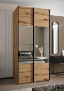 Penderie / Armoire à portes coulissantes / 2 portes coulissantes / 2 tringles / Couleur : Chêne artisan / Miroir / Fermeture en douceur / 6 compartiments / 245,5 x 110 x 64 cm