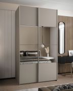 Penderie / Armoire à portes coulissantes / 6 compartiments / 2 tringles / 2 portes coulissantes / 245,5 x 200 x 64 cm / Miroir / Couleur : cachemire / Fermeture en douceur