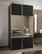 Penderie / Armoire à portes coulissantes / Miroir / Couleur : Noir / 245,5 x 140 x 64 cm / Fermeture en douceur / 6 compartiments / 2 portes coulissantes / 2 tringles à vêtements