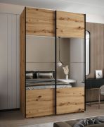Penderie / Armoire à portes coulissantes / Couleur : Chêne artisan / Miroir / 245,5 x 150 x 64 cm / Fermeture en douceur / 2 portes coulissantes / 2 tringles à vêtements / 6 compartiments