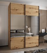 Penderie / Armoire à portes coulissantes / Couleur : Chêne artisan / 2 portes coulissantes / 11 compartiments / 2 tringles à vêtements / 245,5 x 170 x 64 cm / Miroir / Fermeture en douceur