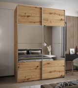 Penderie / Armoire à portes coulissantes / Couleur : Chêne artisan / 2 tringles / 11 compartiments / Miroir / Fermeture amortie / 2 portes coulissantes / 245,5 x 180 x 64 cm