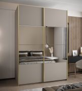 Penderie / Armoire à portes coulissantes / Miroir / Fermeture en douceur / 11 compartiments / 2 portes coulissantes / 2 tringles à vêtements / 245,5 x 180 x 64 cm / Couleur : cachemire