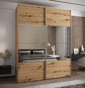 Penderie / Armoire à portes coulissantes / 11 compartiments / Miroir / Fermeture en douceur / 2 portes coulissantes / 2 tringles à vêtements / 245,5 x 190 x 64 cm / Couleur : Chêne artisan
