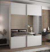 Penderie / Armoire à portes coulissantes / Fonction Soft-Close / Miroir / 245,5 x 130 x 64 cm / 2 tringles à vêtements / Couleur : Blanc / 11 compartiments / 2 portes coulissantes