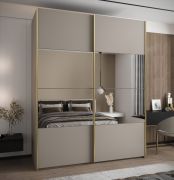 Penderie / Armoire à portes coulissantes / Couleur : cachemire / 245,5 x 190 x 64 cm / 2 portes coulissantes / 11 compartiments / Miroir / Fermeture en douceur / 2 tringles à vêtements