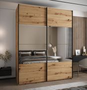 Penderie / Armoire à portes coulissantes / 11 compartiments / 2 tringles à vêtements / Miroir / Fermeture en douceur / 245,5 x 200 x 64 cm / Couleur : Chêne artisan / 2 portes coulissantes