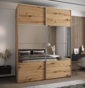 Penderie / Armoire à portes coulissantes / 2 tringles / 245,5 x 200 x 64 cm / Miroir / Fermeture en douceur / 11 compartiments / 2 portes coulissantes / Couleur : Chêne artisan