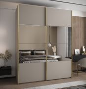 Penderie / Armoire à portes coulissantes / 245,5 x 200 x 64 cm / 2 portes coulissantes / 2 tringles à vêtements / 11 compartiments / Miroir / Fermeture amortie / Couleur : cachemire