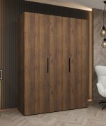 Armoire avec deux tringles / Couleur : Noyer / 1,5 mètre de large / 2 compartiments / Fermeture en douceur / 3 portes / Poignées : Noires / Penderie à portes battantes