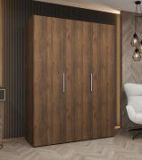 Armoire à portes battantes de 1,5 mètre de large / Couleur : Noyer / 3 portes / Système de fermeture Soft-Close / 2 compartiments / Poignées : Argent / 2 tringles / Penderie