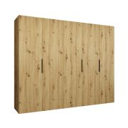 Armoire à portes battantes avec cinq portes Korab 34, Couleur : Chêne Artisan, trois tringles à vêtements, largeur 2,5 mètres, Poignées : Noir, fonction Soft-Close, trois compartiments