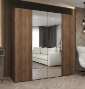 Armoire à deux portes miroir / Couleur : Noyer / Système de fermeture Soft-Close / 2 tringles à vêtements / 2 mètres de large / Poignées : Argent / Armoire à portes battantes