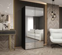 Armoire noire Korab 117 | 2 portes miroir | Largeur 1 m | Tringle à vêtements | Poignées couleur cachemire | Soft-Close