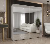 Armoire avec deux tringles à vêtements Korab 135, Couleur : Blanc, largeur 2 mètres, armoire à portes battantes, fonction Soft-Close, Poignées : Noir, quatre portes à miroir