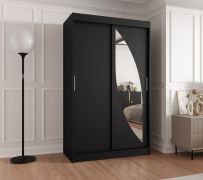 Armoire à portes coulissantes / Penderie Jorasses 07, Couleur : Noir, largeur 1,2 mètres, cinq casiers, une porte miroir, deux tringles à vêtements, rails en aluminium