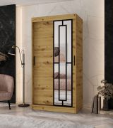 Armoire à portes coulissantes / Penderie à vêtements / Couleur : Chêne artisan / 5 compartiments / 2 tringles à vêtements / Étroite / 100 x 62 x 200 cm / Porte miroir décorative / Pour chambre à coucher