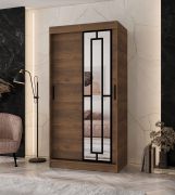 Armoire à portes coulissantes / Penderie à vêtements / Couleur : Noyer Warmia / 5 compartiments / 2 tringles à vêtements / Étroite / 100 x 62 x 200 cm / Porte miroir décorative / Pour chambre à coucher