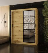 Armoire à portes coulissantes / Penderie / Couleur : Chêne artisan / 5 compartiments / 2 tringles à vêtements / 150 x 62 x 200 cm / Porte miroir décorative / Pour chambre à coucher