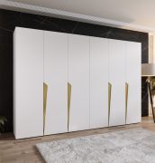 Armoire à portes battantes / Penderie / Couleur : Blanc / 4 compartiments / 3 mètres de large / Poignées : Or / 4 tringles à vêtements / Fonction Soft-Close / Dimensions : 300 x 52 x 202 cm