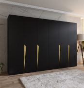 Armoire à portes battantes / Penderie / Couleur : Noir / 4 compartiments / 3 mètres de large / Poignées : Or / 4 tringles à vêtements / Fonction Soft-Close / Dimensions : 300 x 52 x 202 cm