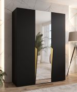 Armoire à portes battantes / Penderie / Couleur : Noir / 1 porte à miroir / Poignées : Or / 2 compartiments / Soft-Close / 2 tringles à vêtements / Dimensions : 150 x 52 x 202 cm / ABS