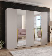 Armoire / Couleur : Cachemire / 2 portes miroir / 3 compartiments / 3 tringles à vêtements / Poignées : Or / Dimensions : 250 x 52 x 202 cm / Fonction Soft-Close / Chants ABS