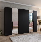 Penderie / Armoire à portes battantes / Couleur : Noir / 2 portes miroir / 4 compartiments / 4 tringles à vêtements / Soft-Close / Poignées : Noir / Dimensions : 300 x 52 x 202 cm / ABS