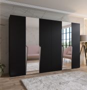 Penderie / Armoire à portes battantes / Couleur : Noir / 2 portes miroir / 4 compartiments / 4 tringles à vêtements / Soft-Close / Poignées : Cachemire / Dimensions : 300 x 52 x 202 cm / ABS
