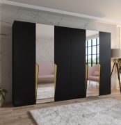 Penderie / Armoire à portes battantes / Couleur : Noir / 2 portes miroir / 4 compartiments / 4 tringles à vêtements / Soft-Close / Poignées : Or / Dimensions : 300 x 52 x 202 cm / ABS