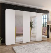 Armoire à portes battantes / 3 portes à miroir / Couleur : Blanc / Soft-Close / 3 compartiments / 3 tringles à vêtements / Poignées : Cachemire / Dimensions : 300 x 52 x 202 cm / Penderie