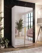 Armoire de chambre à coucher avec miroir / Couleur : Blanc / Fonction soft-close / Penderie / Poignées : Or / 1 compartiment / 1 tringle à vêtements / Chants ABS / Dimensions : 100 x 52 x 202 cm