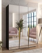 Penderie / Couleur : Noir / 3 portes miroir / 2 compartiments / 2 tringles à vêtements / Dimensions : 150 x 52 x 202 cm / Poignées : Or / Fonction Soft-Close / Protection des bords ABS