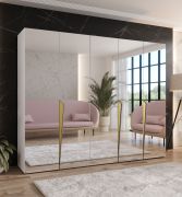 Penderie de chambre à coucher avec miroir / Couleur : Blanc / Armoire / Poignées : Or / 3 compartiments / 3 tringles à vêtements / Dimensions : 250 x 52 x 202 cm / Chants ABS / Fonction Soft-Close