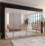 Armoire à portes battantes / Couleur : cachemire / Penderie de chambre à coucher avec miroir / Poignées : Or / Fonction Soft-Close / 3 compartiments / 3 tringles à vêtements / Dimensions : 300 x 52 x 202 cm / Chants ABS