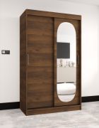 Armoire / Couleur : noyer / Porte avec miroir ovale / 1,2 mètre de large / Cinq casiers / Deux tringles à vêtements / Armoire à portes coulissantes