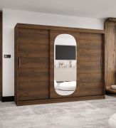 Armoire à portes coulissantes / Penderie à vêtements / Couleur : Noyer / 2,5 mètres de large / 10 compartiments / Porte avec miroir ovale / Deux tringles à vêtements