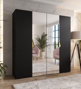 Armoire à portes battantes / Couleur : Noir / 2 portes miroir / Poignées : Or / 2 compartiments / 2 tringles à vêtements / Dimensions : 200 x 52 x 202 cm / Fonction Soft-Close