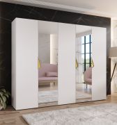 Armoire / 2 portes à miroir / Couleur : Blanc / 2,5 mètres de large / 3 compartiments / Poignées : Or / 3 tringles à vêtements / Dimensions : 250 x 52 x 202 cm / Soft-Close